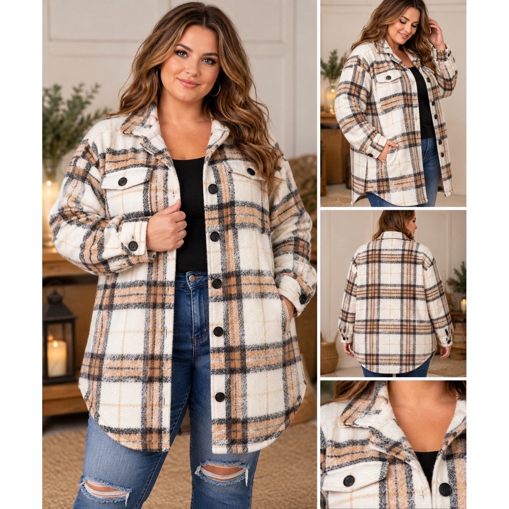 Old Navy Womens 2X Wool Blend Shacket White Tan Plaid Long Utility Jacket 736460